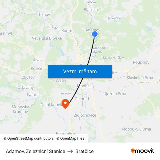 Adamov, Železniční Stanice to Bratčice map