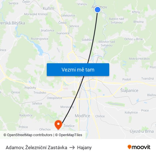 Adamov, Železniční Zastávka to Hajany map