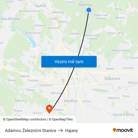 Adamov, Železniční Stanice to Hajany map