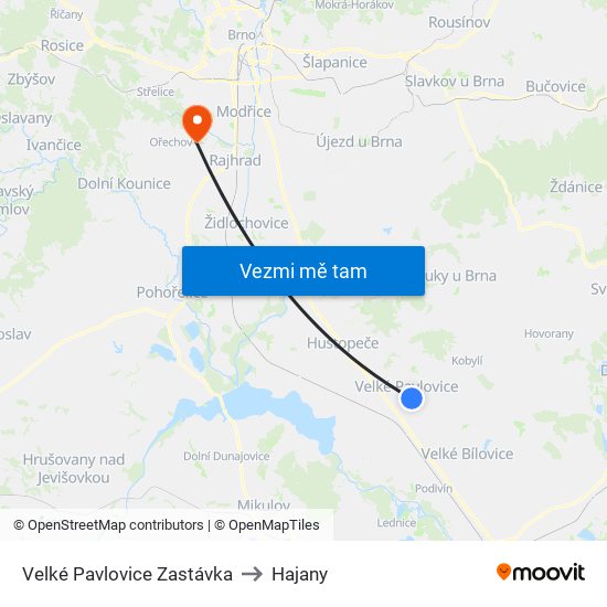 Velké Pavlovice Zastávka to Hajany map