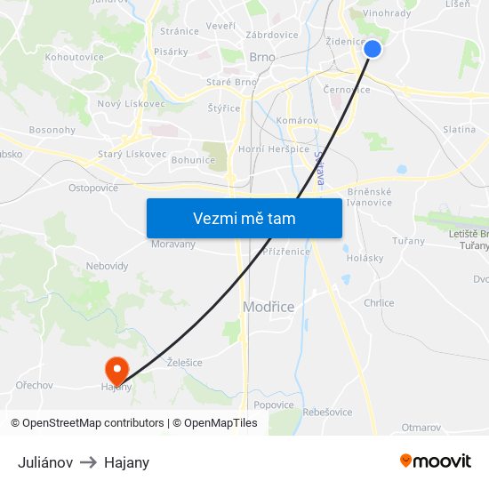 Juliánov to Hajany map
