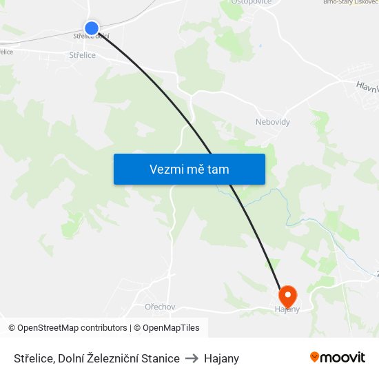 Střelice, Dolní Železniční Stanice to Hajany map