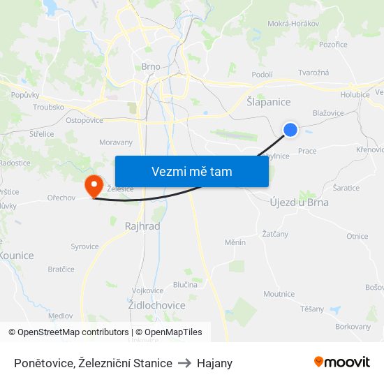 Ponětovice, Železniční Stanice to Hajany map