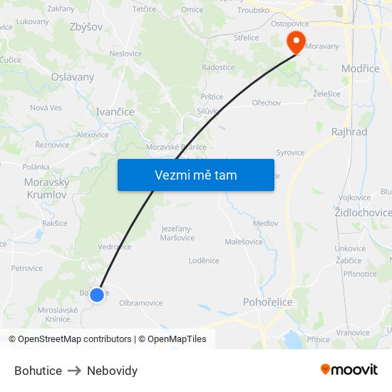 Bohutice to Nebovidy map