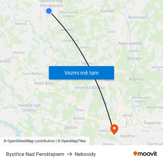 Bystřice Nad Pernštejnem to Nebovidy map