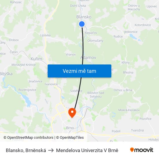 Blansko, Brněnská to Mendelova Univerzita V Brně map