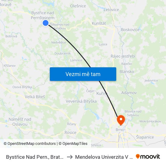 Bystřice Nad Pern., Bratrušín to Mendelova Univerzita V Brně map