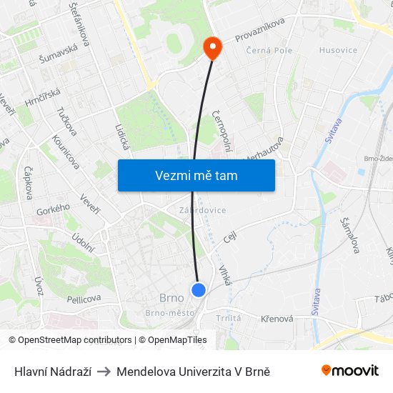 Hlavní Nádraží to Mendelova Univerzita V Brně map