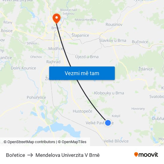 Bořetice to Mendelova Univerzita V Brně map