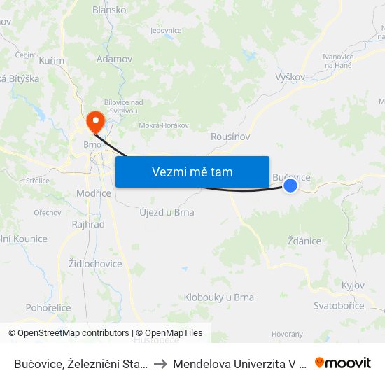 Bučovice, Železniční Stanice to Mendelova Univerzita V Brně map
