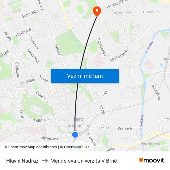Hlavní Nádraží to Mendelova Univerzita V Brně map