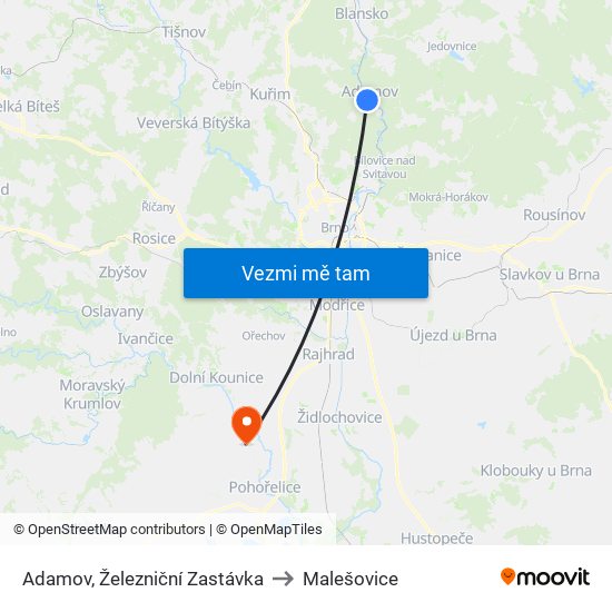 Adamov, Železniční Zastávka to Malešovice map