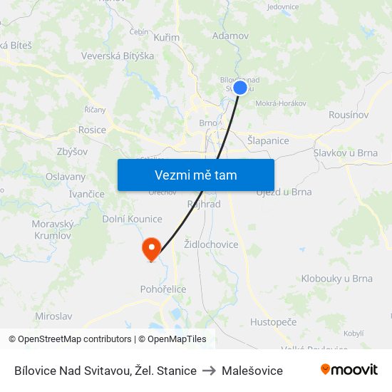 Bílovice Nad Svitavou, Žel. Stanice to Malešovice map