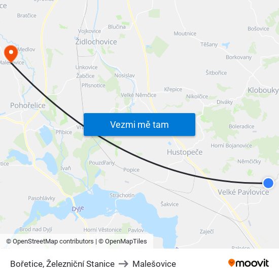Bořetice, Železniční Stanice to Malešovice map