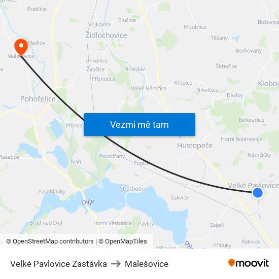 Velké Pavlovice Zastávka to Malešovice map