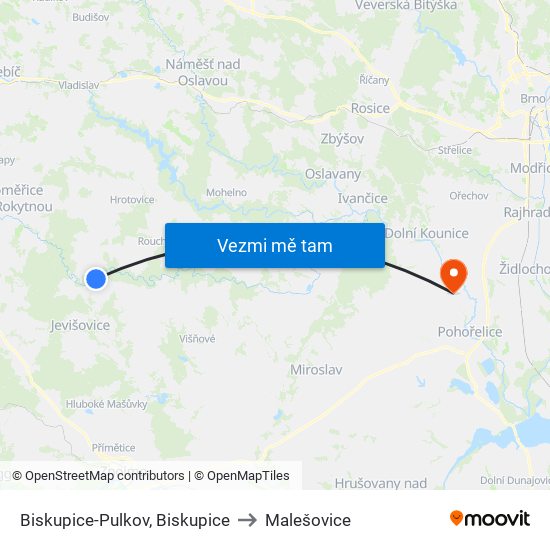 Biskupice-Pulkov, Biskupice to Malešovice map