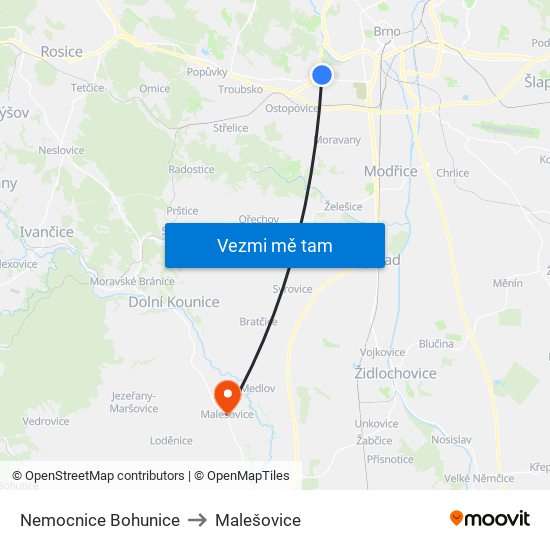 Nemocnice Bohunice to Malešovice map