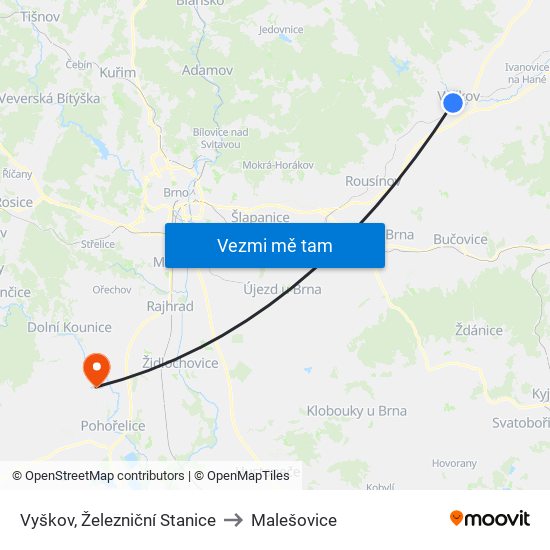 Vyškov, Železniční Stanice to Malešovice map