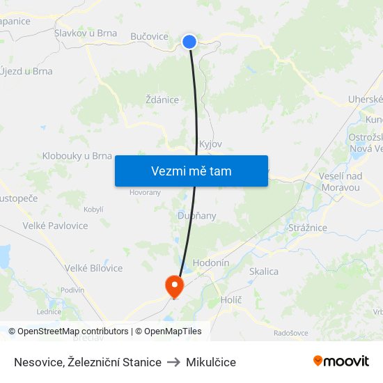 Nesovice, Železniční Stanice to Mikulčice map