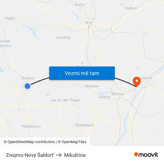 Znojmo-Nový Šaldorf to Mikulčice map