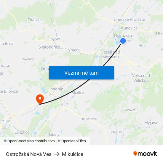 Ostrožská Nová Ves to Mikulčice map