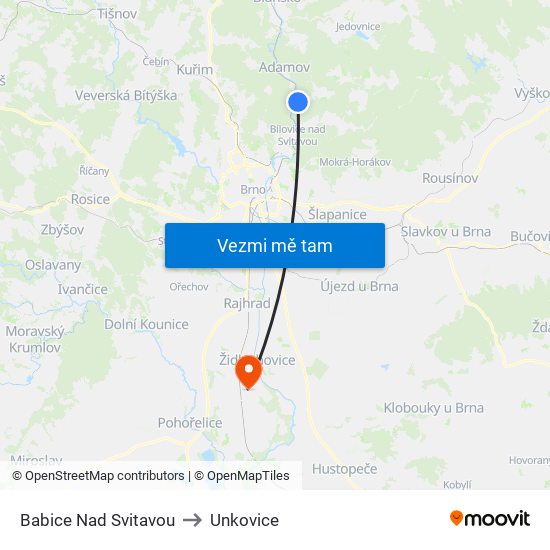 Babice Nad Svitavou to Unkovice map