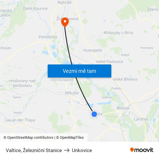 Valtice, Železniční Stanice to Unkovice map