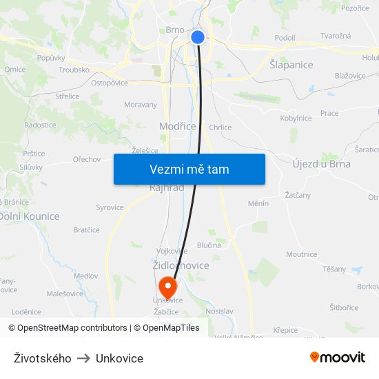 Životského to Unkovice map