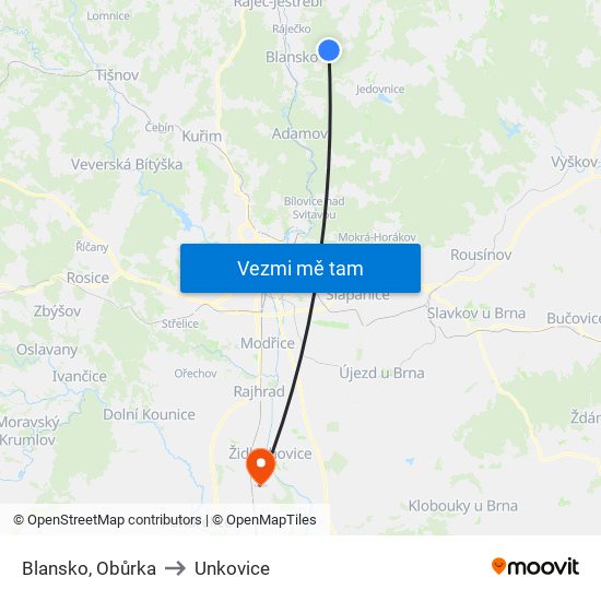 Blansko, Obůrka to Unkovice map