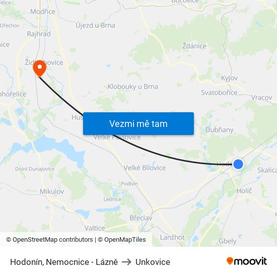 Hodonín, Nemocnice - Lázně to Unkovice map