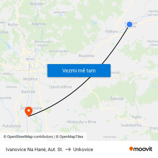 Ivanovice Na Hané, Aut. St. to Unkovice map