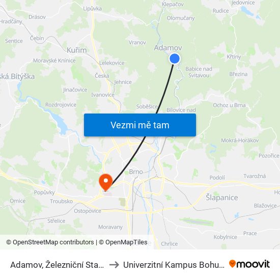 Adamov, Železniční Stanice to Univerzitní Kampus Bohunice map