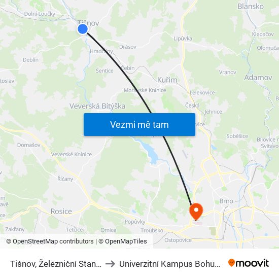Tišnov, Železniční Stanice to Univerzitní Kampus Bohunice map