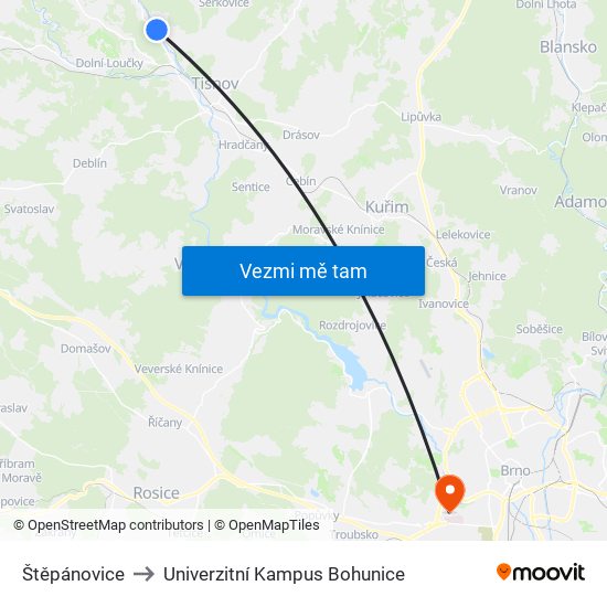 Štěpánovice to Univerzitní Kampus Bohunice map