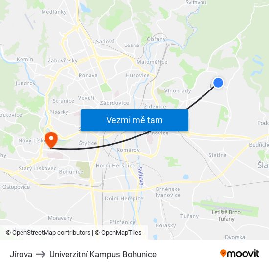 Jírova to Univerzitní Kampus Bohunice map