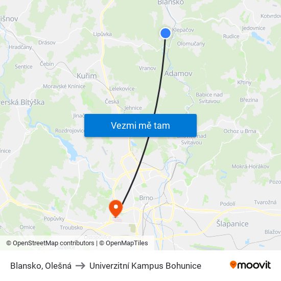 Blansko, Olešná to Univerzitní Kampus Bohunice map