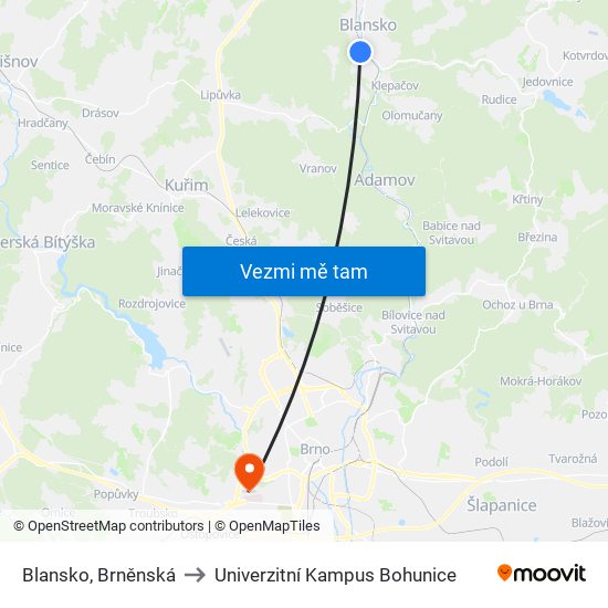 Blansko, Brněnská to Univerzitní Kampus Bohunice map