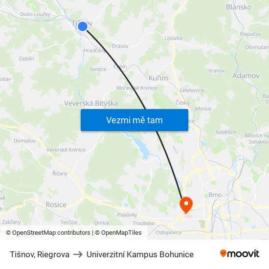 Tišnov, Riegrova to Univerzitní Kampus Bohunice map