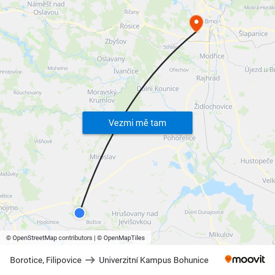 Borotice, Filipovice to Univerzitní Kampus Bohunice map