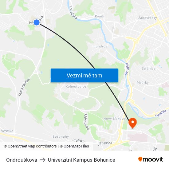 Ondrouškova to Univerzitní Kampus Bohunice map