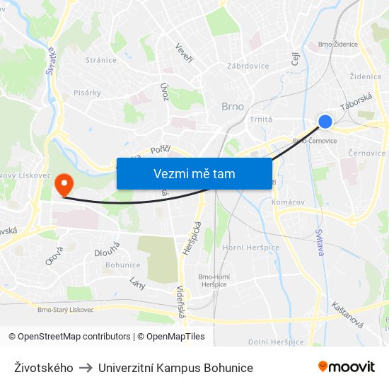 Životského to Univerzitní Kampus Bohunice map