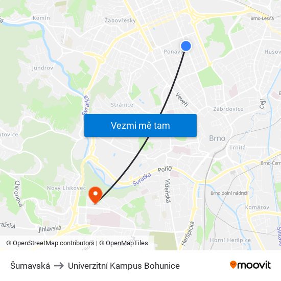 Šumavská to Univerzitní Kampus Bohunice map