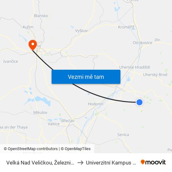 Velká Nad Veličkou, Železniční Stanice to Univerzitní Kampus Bohunice map