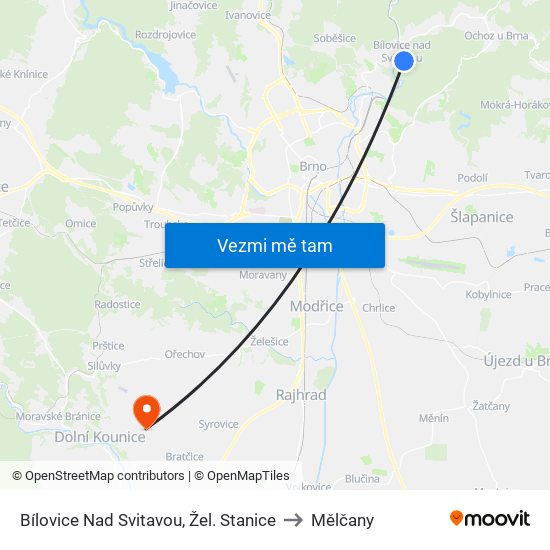 Bílovice Nad Svitavou, Žel. Stanice to Mělčany map