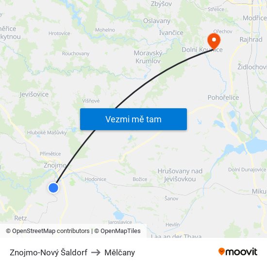 Znojmo-Nový Šaldorf to Mělčany map