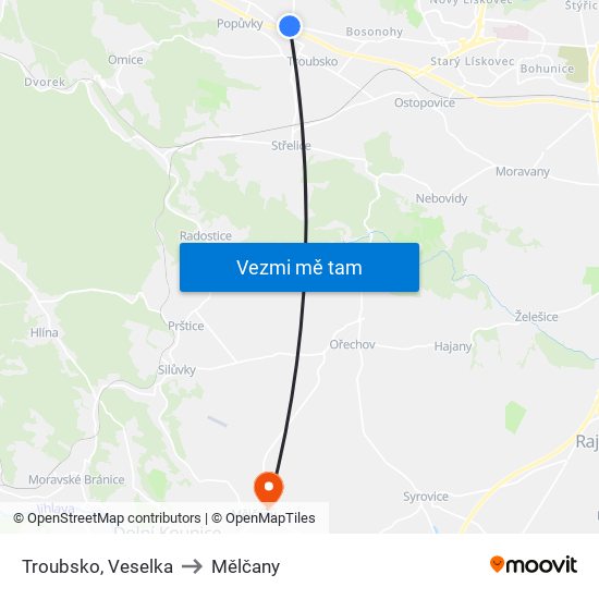 Troubsko, Veselka to Mělčany map