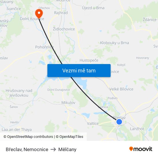 Břeclav, Nemocnice to Mělčany map