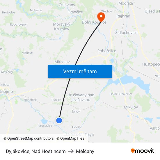 Dyjákovice, Nad Hostincem to Mělčany map