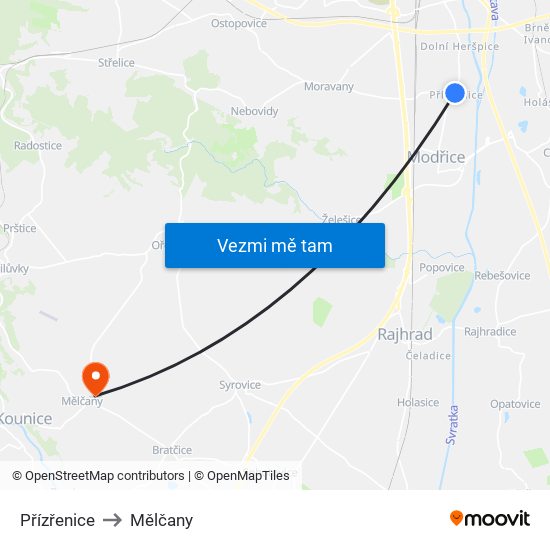 Přízřenice to Mělčany map