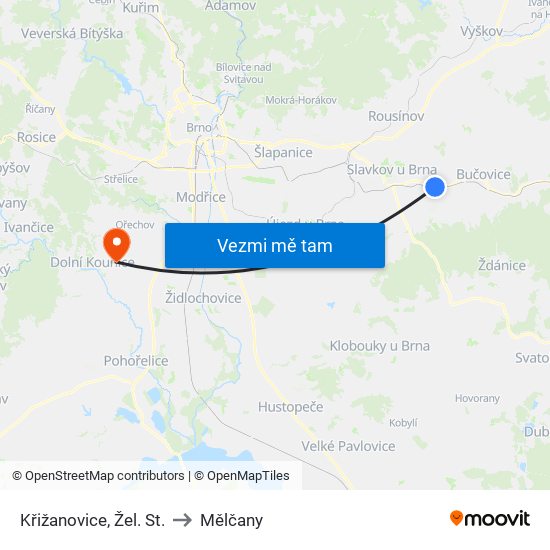 Křižanovice, Žel. St. to Mělčany map